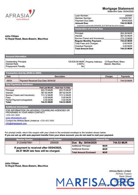 Blank Mauritius AfrAsia Bank Limited mortgage statement Word and PDF template